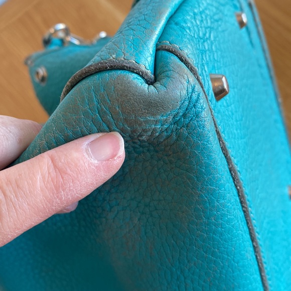 ROOTS 🇨🇦 Turquoise Textured Leather Handbag with Shoulder / Crossbody Strap - Picture 14 of 17